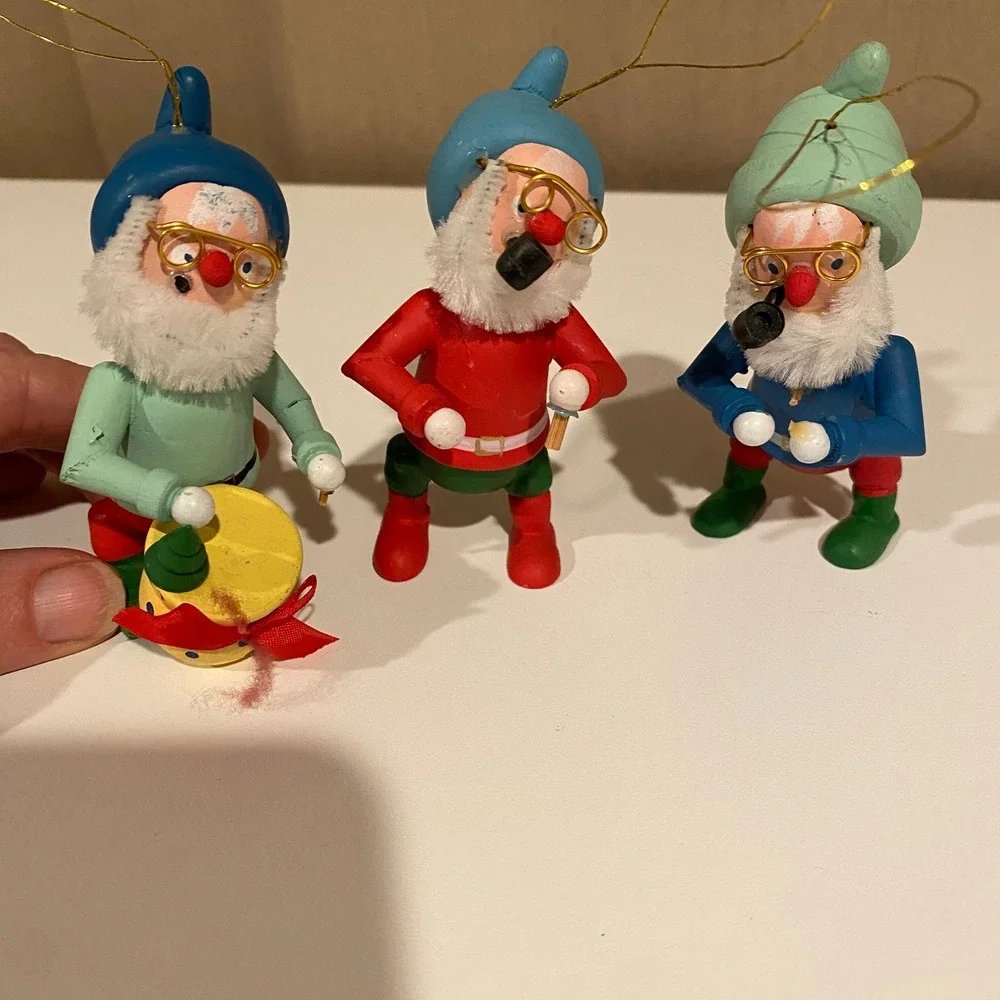 Vintage Wood Gnome‎ Ornament Set 3 Band Musical Instruments Christmas Decor